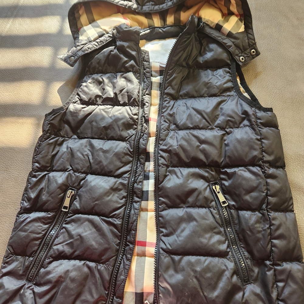 Boys Burberry Black Quilted Vest with Plaid Lining